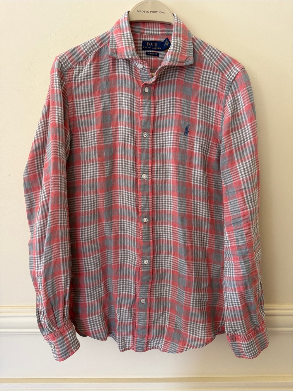 POLO RALPH LAUREN MEN’S SPRING PLAID BUTTON DOWN SHIRT SIZE M  CORAL GRAY